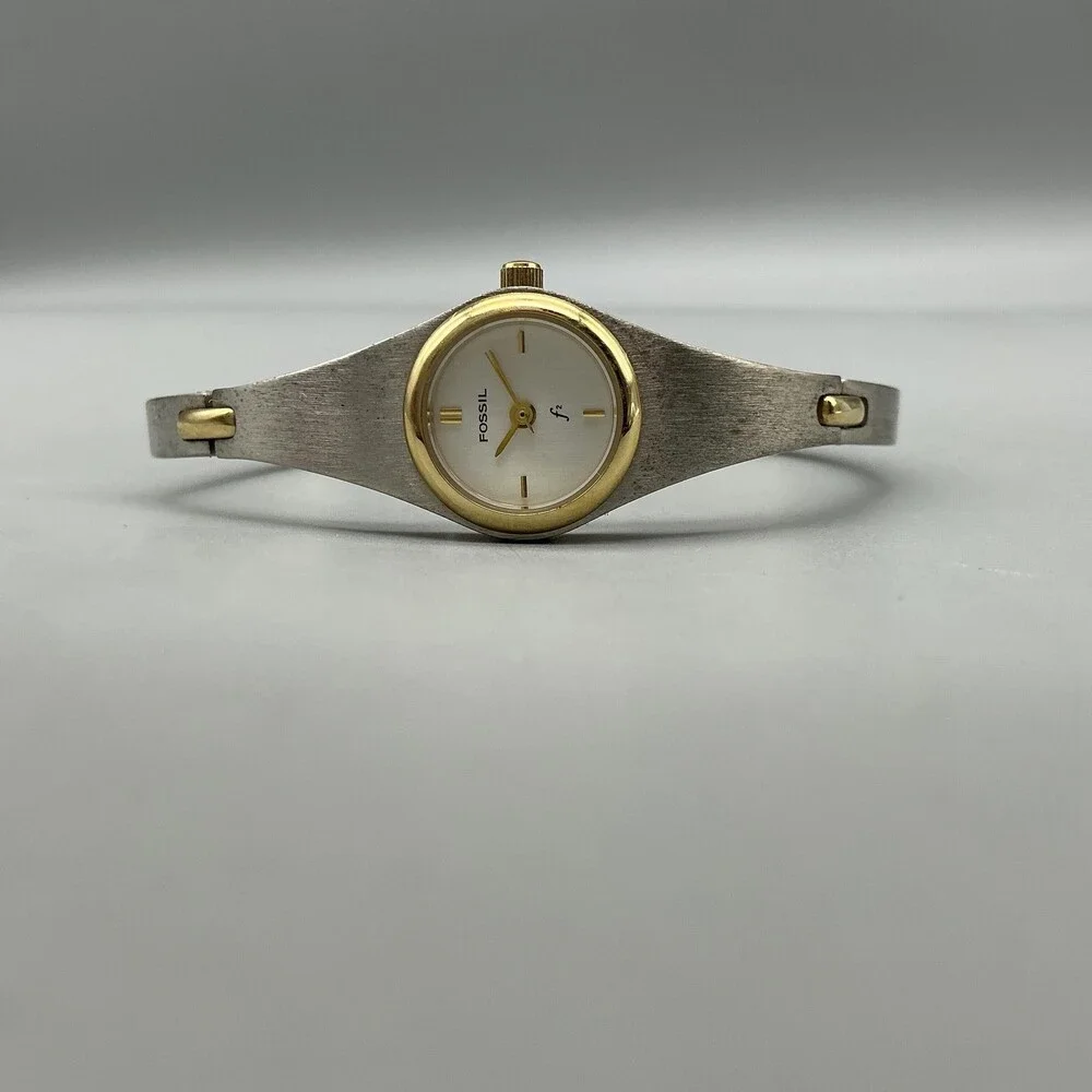 Fossil F2 Womens Watch 17mm Silver Two Tone Bangle ES-9069 New Battery 6.75